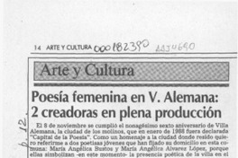 Poesía femenina en V. Alemana, 2 creadoras en plena producción  [artículo] Pedro Mardones Barrientos.