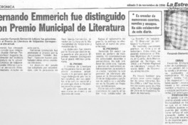 Fernando Emmerich fue distinguido con Premio Municipal de Literatura
