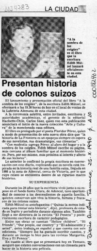 Presentan historia de colonos suizos  [artículo].