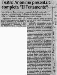 Teatro Anónimo presentará completa "El Testamento"  [artículo].