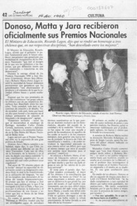 Donoso, Matta y Jara recibieron oficialmente sus Premios Nacionales  [artículo].