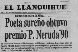Poeta sureño obtuvo premio "P. Neruda" 90  [artículo].