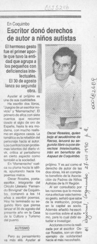 Escritor donó derechos de autor a niños autistas  [artículo].