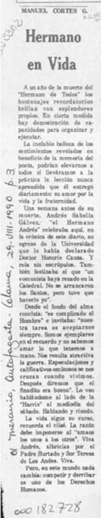 Hermano en vida  [artículo] Manuel Cortés G.