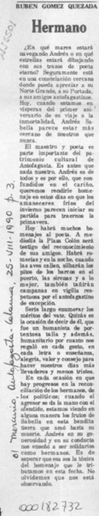 Hermano  [artículo] Rubén Gómez Quezada.