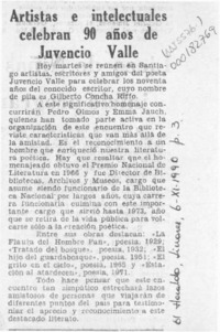 Artistas e intelectuales celebran 90 años de Juvencio Valle  [artículo].