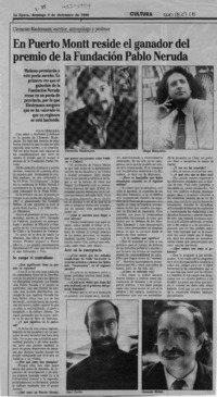 En Puerto Montt reside el ganador del premio de la Fundación Pablo Neruda  [artículo] Julia Vergara.