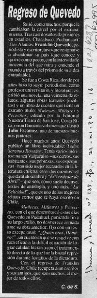 Regreso de Quevedo  [artículo] C. de S.