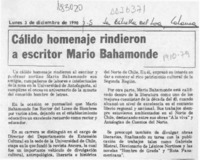 Cálido homenaje rindieron a escritor Mario Bahamonde  [artículo].