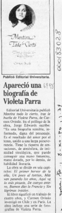 Apareció una biografía de Violeta Parra  [artículo].