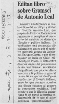 Editan libro sobre Gramsci de Antonio Leal  [artículo].