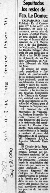 Sepultados los restos de Fco. Le Dantec  [artículo] Raúl Robles.