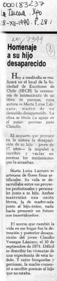 Homenaje a su hijo desaparecido  [artículo].
