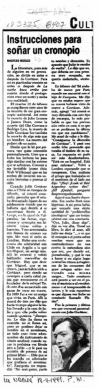 Instrucciones para soñar un cronopio  [artículo] Mauricio Redolés.