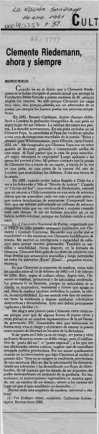 Clemente Riedemann, ahora y siempre  [artículo] Mauricio Redolés.
