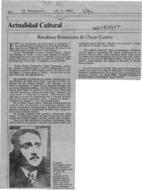 Reeditan romances de Oscar Castro  [artículo].
