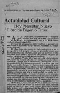 Hoy presentan nuevo libro de Eugenio Tironi  [artículo].