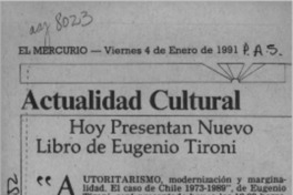 Hoy presentan nuevo libro de Eugenio Tironi  [artículo].