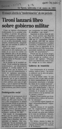 Tironi lanzará libro sobre gobierno militar  [artículo].