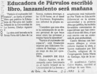 Educadora de párvulos escribió libro, lanzamiento será mañana  [artículo].
