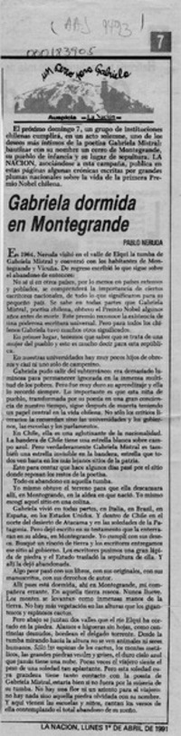 Gabriela dormida en Montegrande  [artículo] Pablo Neruda.