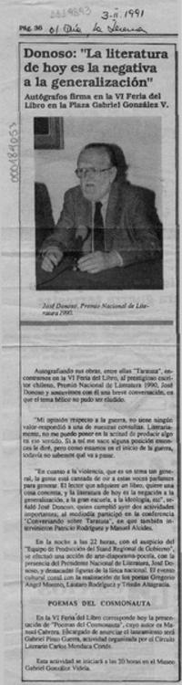 Donoso, "La literatura de hoy es la negativa a la generalización"  [artículo].