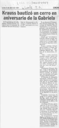 Krauss bautizó un cerro en aniversario de la Gabriela  [artículo].