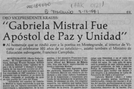 "Gabriela Mistral fue apóstol de paz y unidad"  [artículo] Mario Peña Carreño.