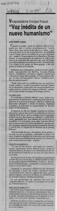 "Voz inédita de un nuevo humanismo"  [artículo] Eliseo Barboza.