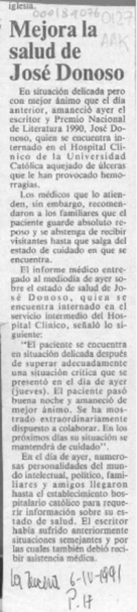 Mejora la salud de José Donoso  [artículo].