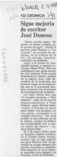 Sigue mejoría de escritor José Donoso  [artículo].