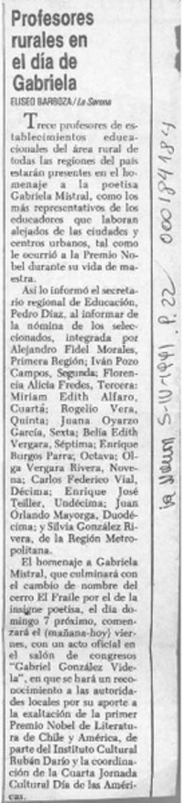 Profesores rurales en el día de Gabriela  [artículo] Eliseo Barboza.