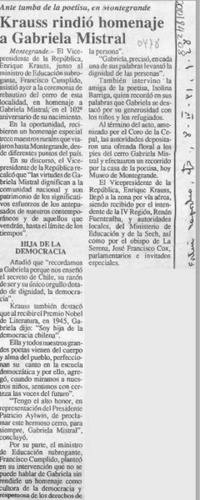 Krauss rindió homenaje a Gabriela Mistral  [artículo].