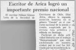 Escritor de Arica logró un importante premio nacional  [artículo].