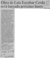 Obra de Luis Escobar Cerda será lanzada próximo lunes  [artículo].