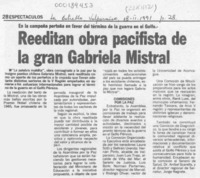Reeditan obra pacifista de la gran Gabriela Mistral  [artículo].