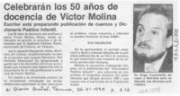 Celebrarán los 50 años de docencia de Víctor Molina  [artículo].
