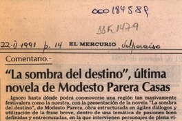 "La sombra del destino", última novela de Modesto Parera Casas  [artículo] Magdiel Gutiérrez Pérez.