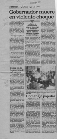 Gobernador muere en violento choque  [artículo] María Elena Arroyo.