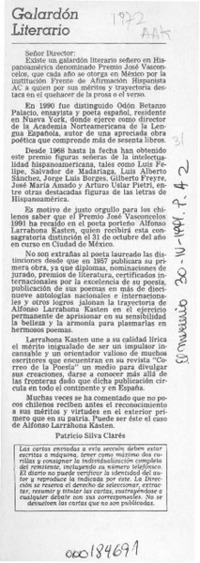 Galardón literario  [artículo] Patricio Silva Clarés.