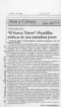 "El nuevo tótem", pesadillas eróticas de una narradora joven  [artículo] Mario Tomás Schilling F.