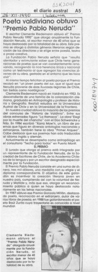 Poeta valdiviano obtuvo "Premio Pablo Neruda"  [artículo].