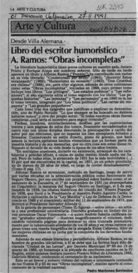 Libro del escritor humorístico A. Ramos, "Obras incompletas"  [artículo] Pedro Mardones Barrientos.