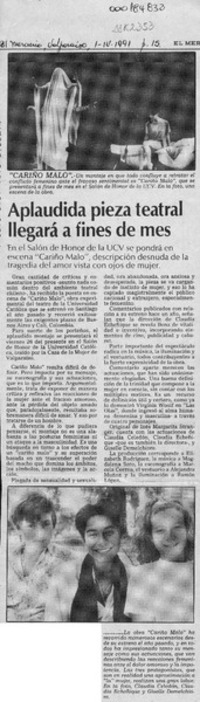 Aplaudida pieza teatral llegará a fines de mes  [artículo].