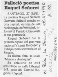 Falleció poetisa Raquel Señoret  [artículo].