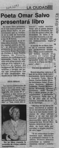 Poeta Omar Salvo presentará libro  [artículo].