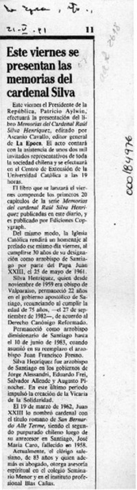 Este viernes se presentan las memoris del cardenal Silva  [artículo].