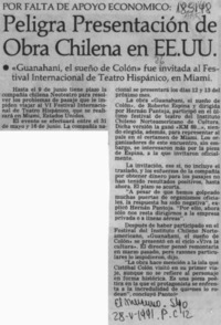 Peligra presentación de obra chilena en EE.UU  [artículo].