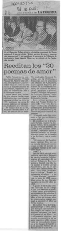 Reeditan los "20 poemas de amor"  [artículo].