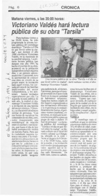 Victoriano Valdés hará lectura pública de su obra "Tarsila"  [artículo].